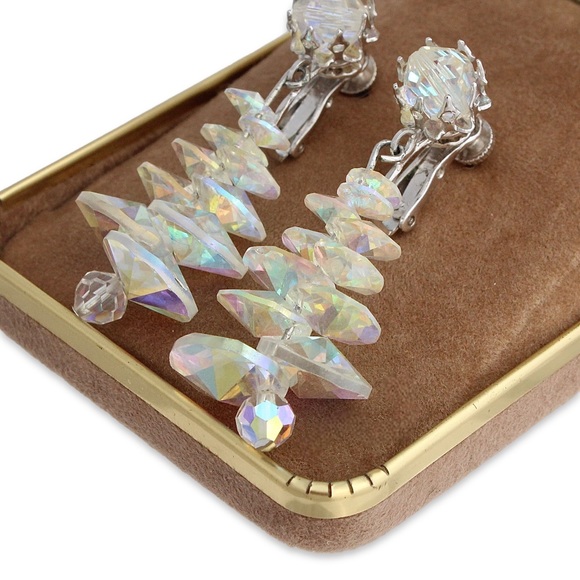 Vintage Vendome Aurora Borealis Crystal Clip On Earrings Iridescent Bead Dangle - Picture 2 of 5